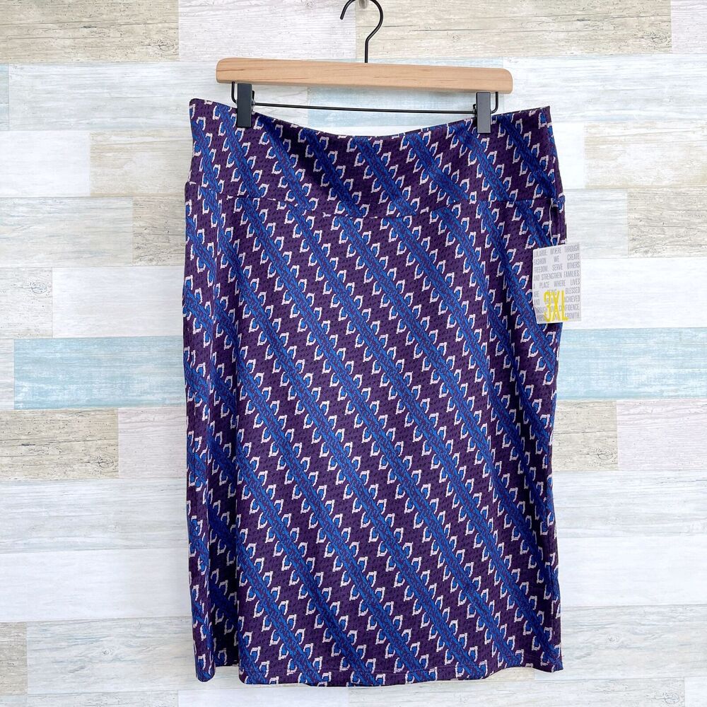 LuLaRoe Cassie Stretchy Pencil Skirt Purple Blue Striped Womens Plus Size 3XL